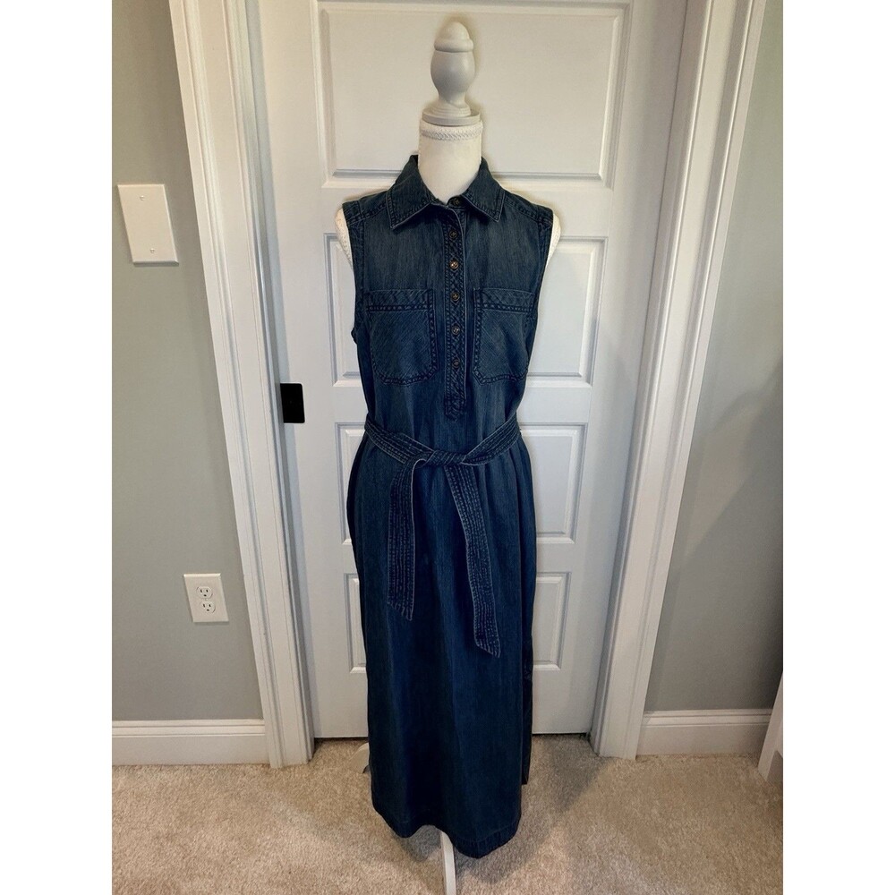 Chaps Denim Sleeveless Maxi Shirt Dress Size M Medium Blue Button Front Belted